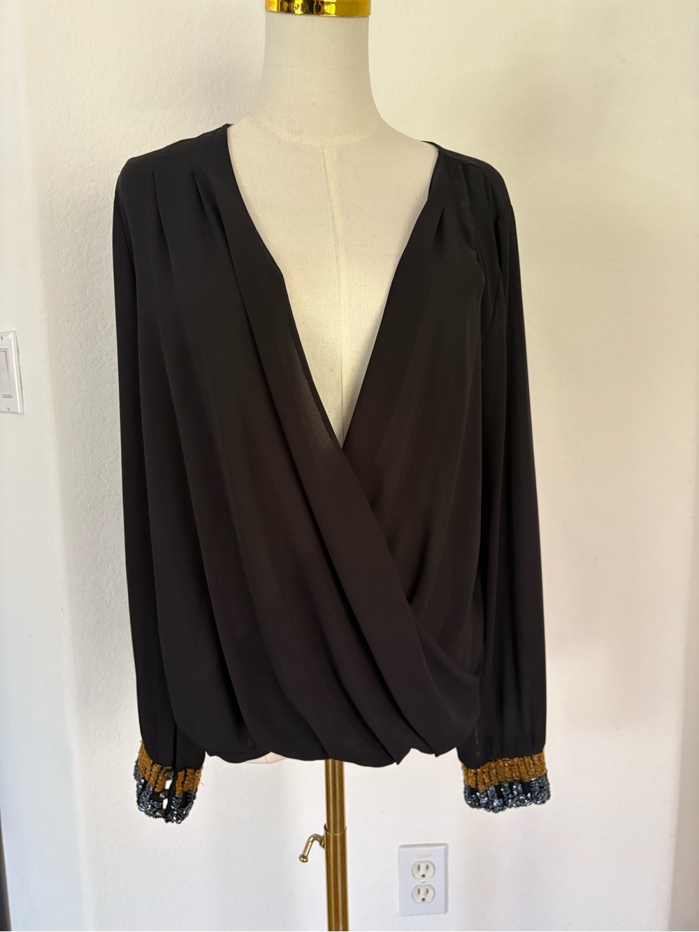 Astr Black Surplice Blouse with Gold & Black Beaded Cuffs